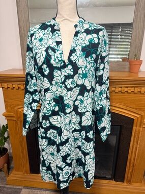 Land’s End shirt tunic cover up dress floral green v-neck medium